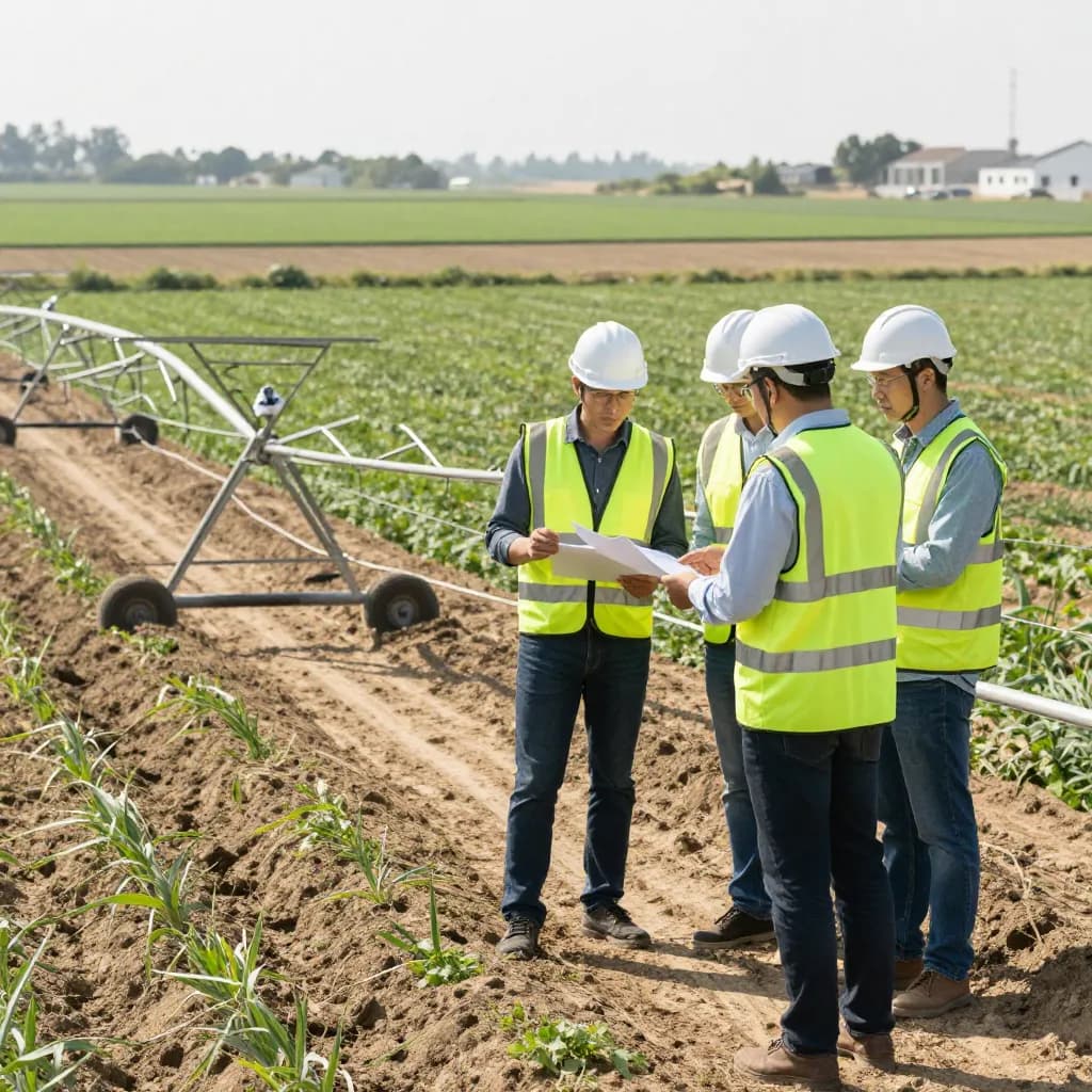 Irrigation specialists reviewing a field plan beside agricultural irrigation equipment