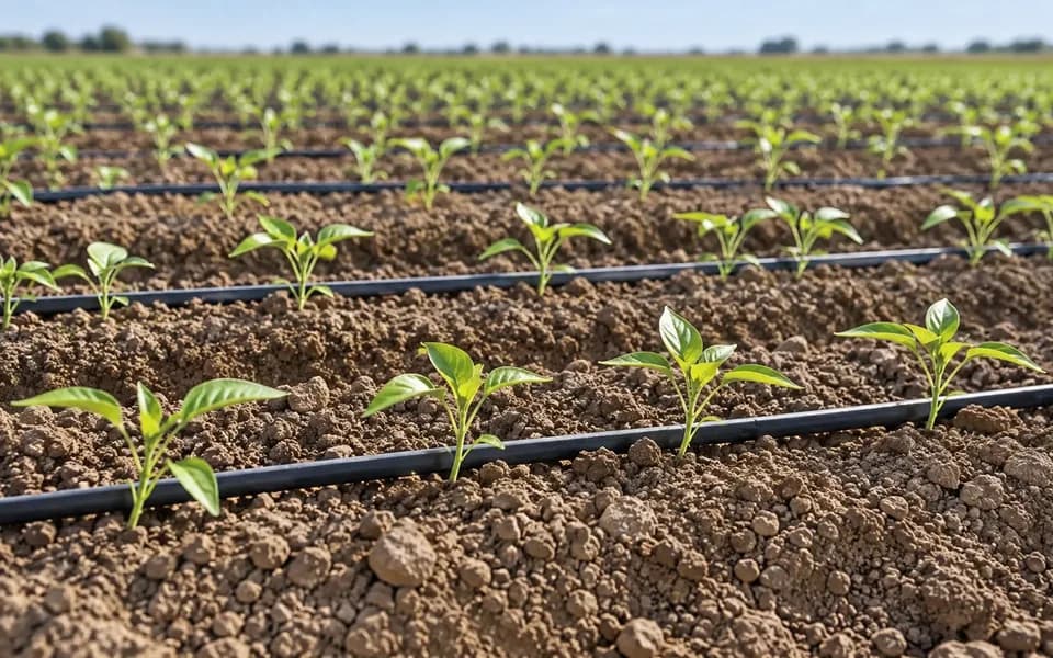 Drip irrigation tape laid alongside young plants in a crop row